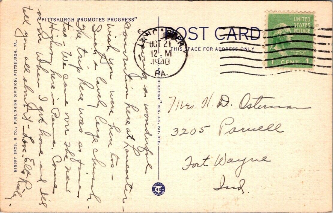 Postcard Divided Back Posted 1940 Pittsburg Cathedral Masonic Temple & Mellon