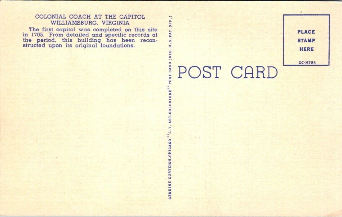 Postcard Post Card Williamsburg Virginia Capitol Colonial Coach Unposted