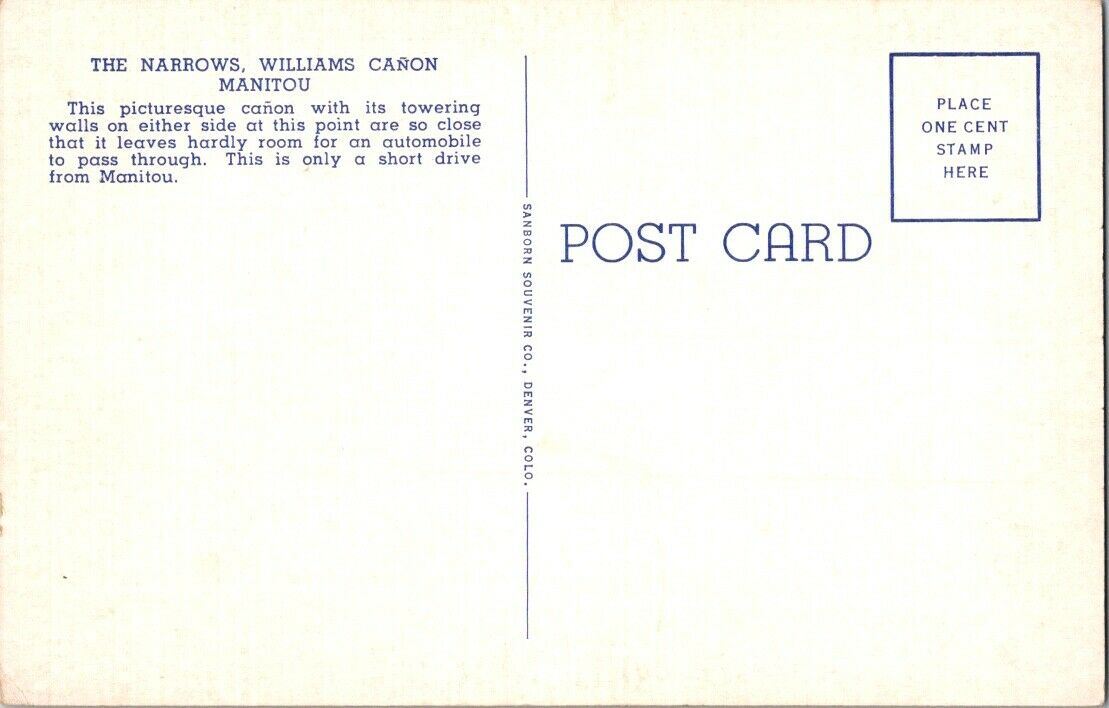 Postcard Post Narrows Williams Canon Colorado Manitou Springs Unposted