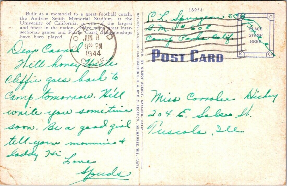 Postcard Divided Back Posted 1944 Berkley University California Stadium