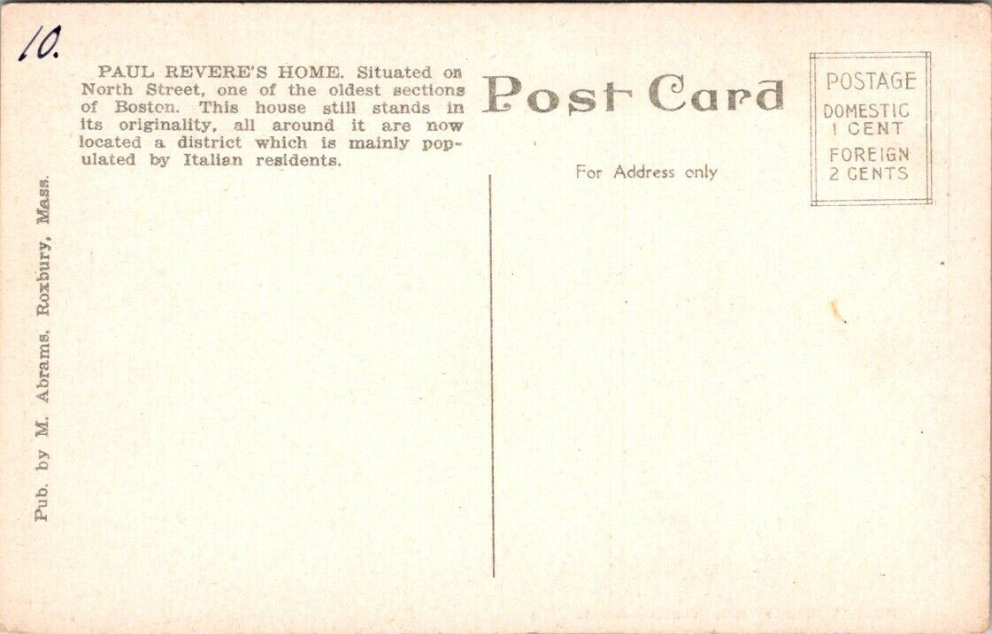 Postcard Post Card Paul Revere Home Boston Mass. Unposted