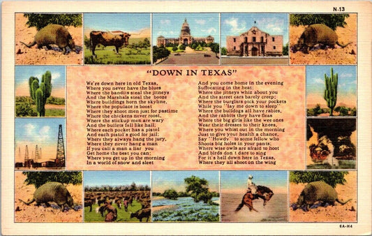 Postcard Divided Back Unposted "Down In Texas" Long Horn Cactus Cowboy