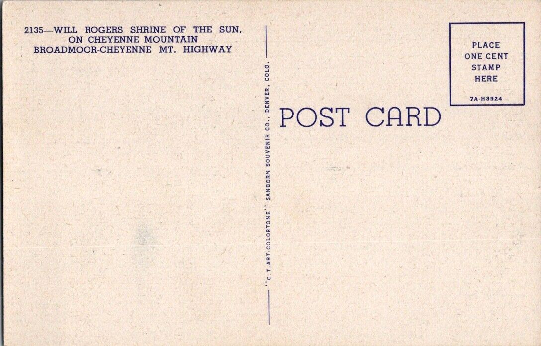 Postcard Post Card Shrine Of The Sun Cheyenne Mountain Will Rodgers Unposted