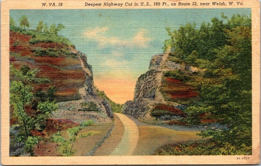 Postcard Divided Back Posted Deepest Highway Cut Route 52 Welch West Virginia