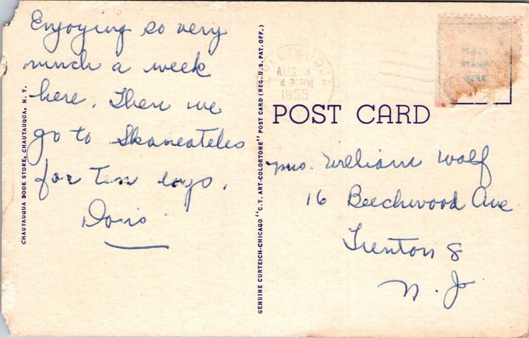 Postcard Divided Back Posted 1955 Shore Line Chautauqua  New York Miller Park