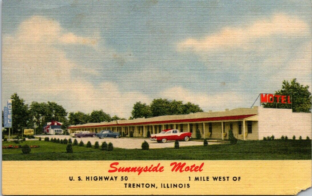 Postcard Divided Back Unposted Sunnyside Motel Trenton Illinois Highway 50