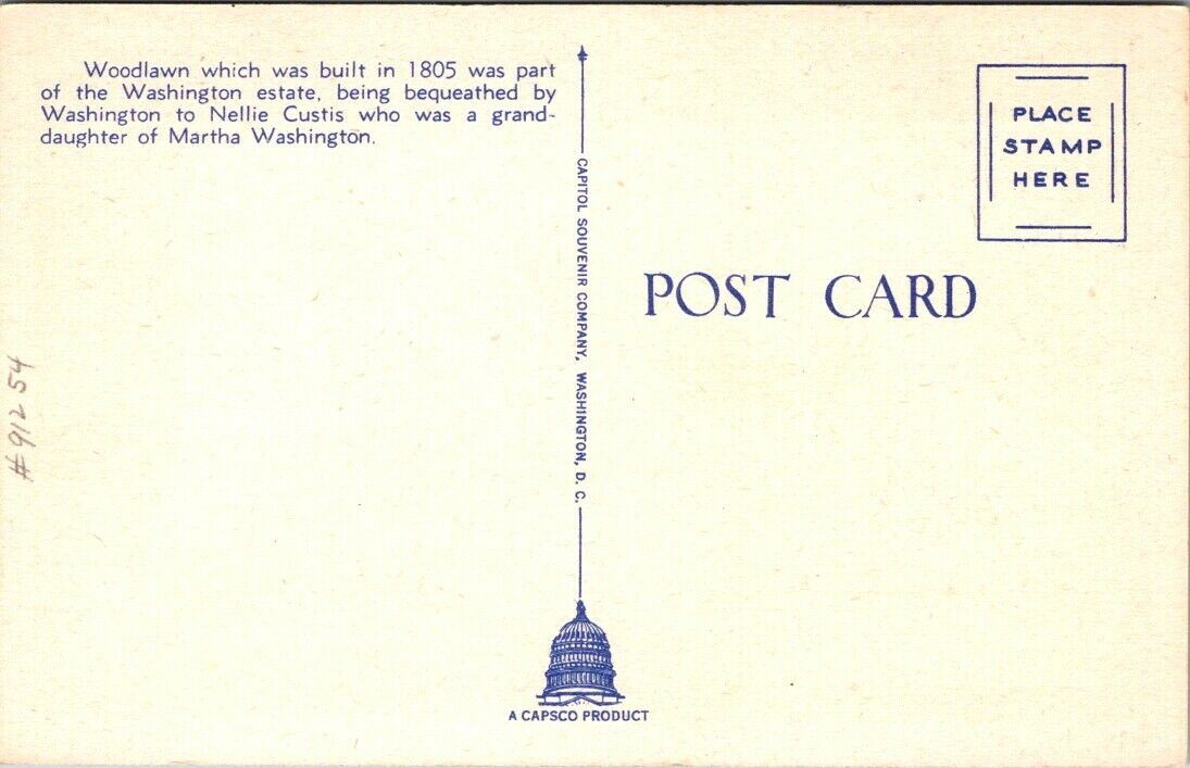 Postcard Divided Back Unposted Woodlawn Nellie Custis Near Alexandria Virginia