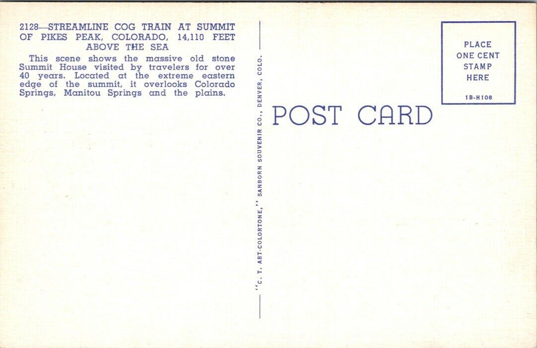 Postcard Divided Back Unposted Steamline Cog Train Summit Pikes Peak