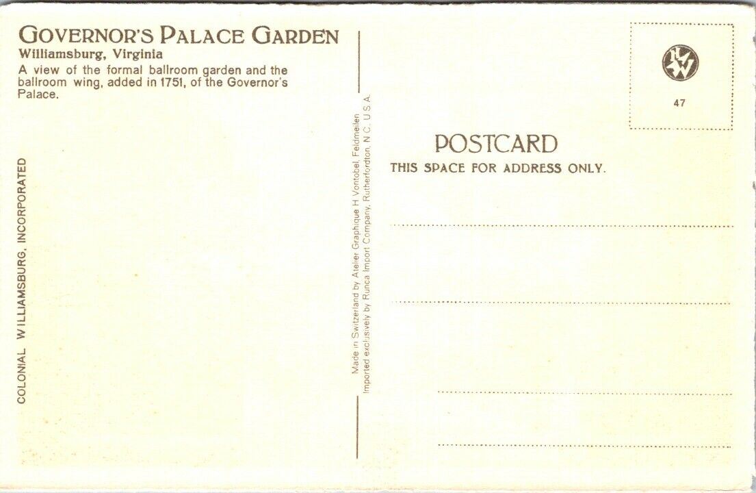 Postcard Post Card Governors Palace Garden Williamsburg Va Unposted