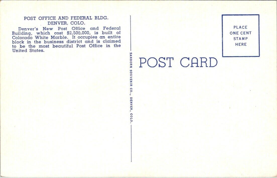 Postcard Post Card Denver Colorado Post Office Unposted