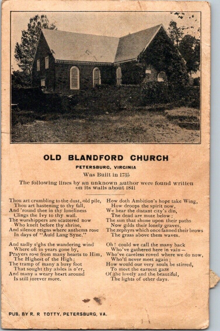 Postcard Post Card Old Blandford Church Petersburg Virginia Posted 1910