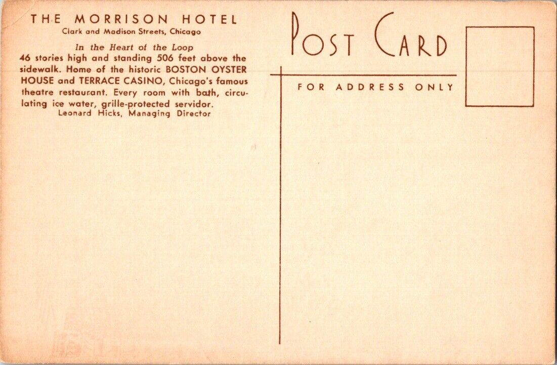 Postcard Post Card Morrison Hotel Chicago Unposted B