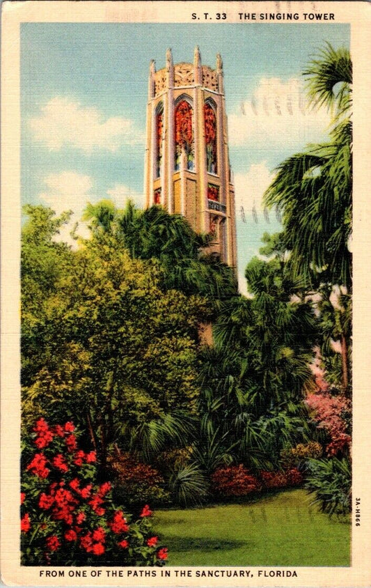 Postcard Florida Singing Tower From Path in The Sanctuary Posted 1938