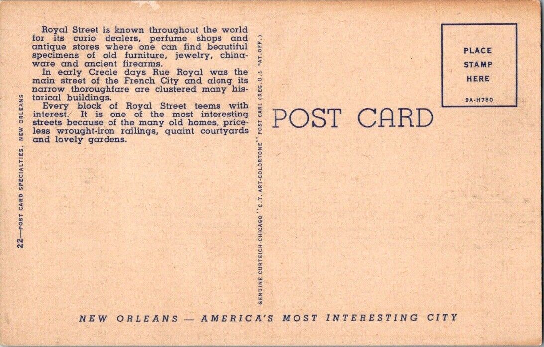 Postcard Post Card New Orleans French Quarters Royal Street Unposted