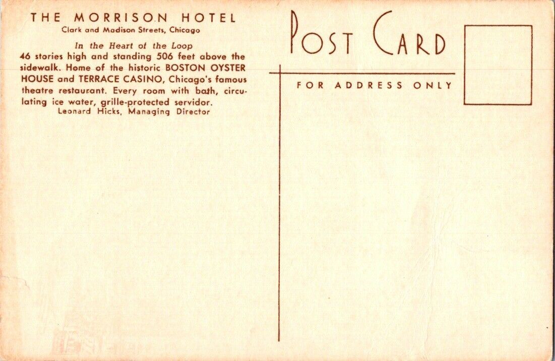 Postcard Post Card The Morrison Hotel Chicago Unposted Clark & Maddison Street