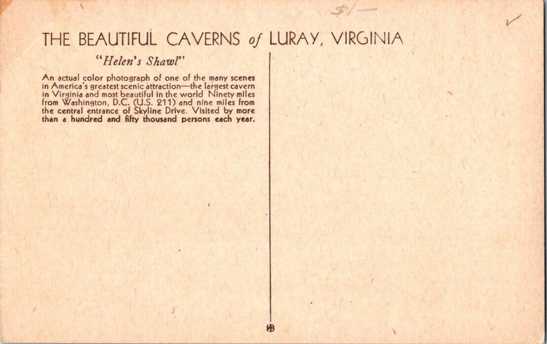 Vintage Postcard The Beautiful Caverns Of Lurray Virginia Helen's Shawl Unposted