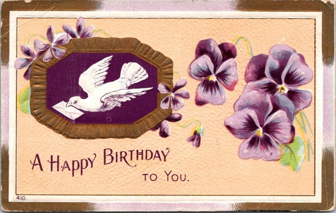 Vintage Postcard White Dove Purple Flower A Happy Birthday To You