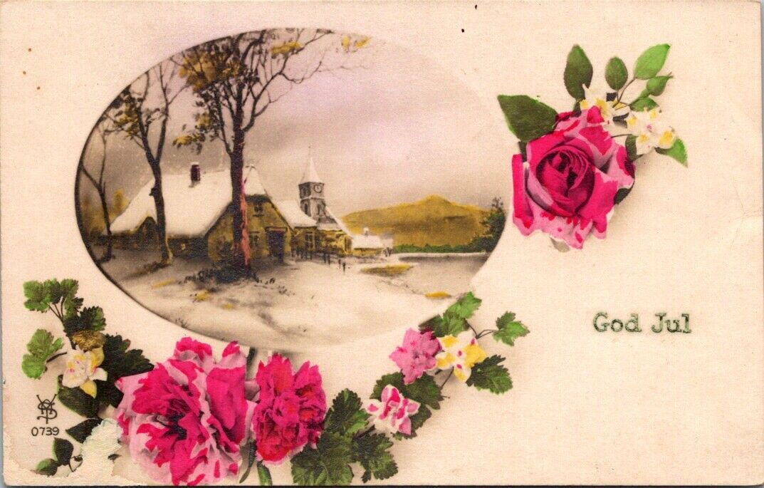 Postcard Vintage Home Pink Flowers God Jul Made In France