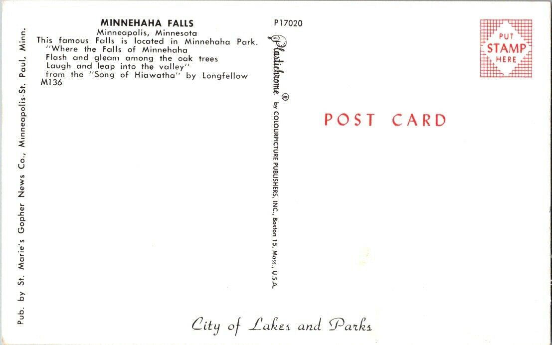 Vintage Postcard Minnehaha Falls Minneapolis Minnesota City Of Laker And Parks