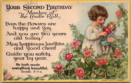 Vintage Postcard Third Birthday Member Of The Cradle Roll Eccles. 3:11 A