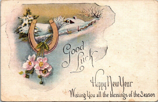 Postcard Vintage Good Luck Flower Blessings Wishes New Year Season