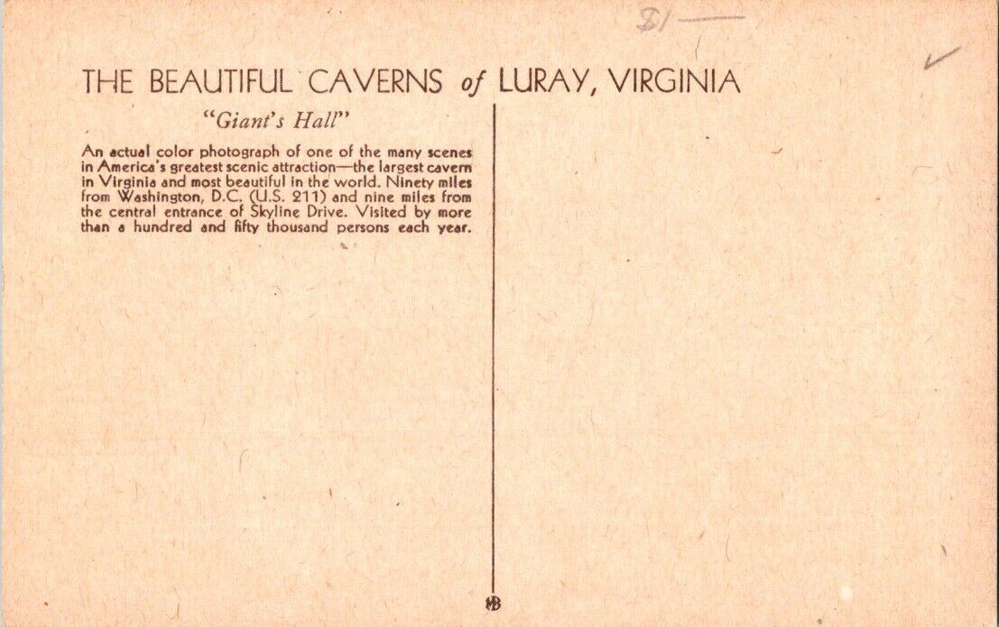 Vintage Postcard The Beautiful Caverns Of Lurray Virginia Giant Hall Unposted