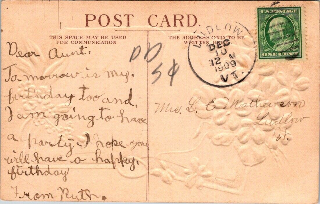 Postcard Vintage Loving Birthday Wishes Ludlow 1909 One Cent