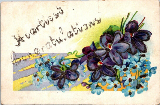 Postcard Vintage Purple Blue Glittered Flowers Congratulations Card Hand Colored