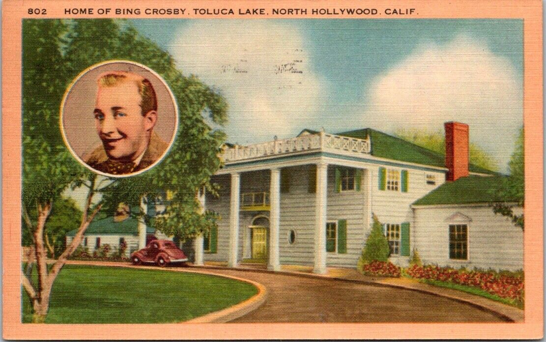 Postcard Home Of Bing Crosby toluca Lake North Hollywood California 1 Cent VTG