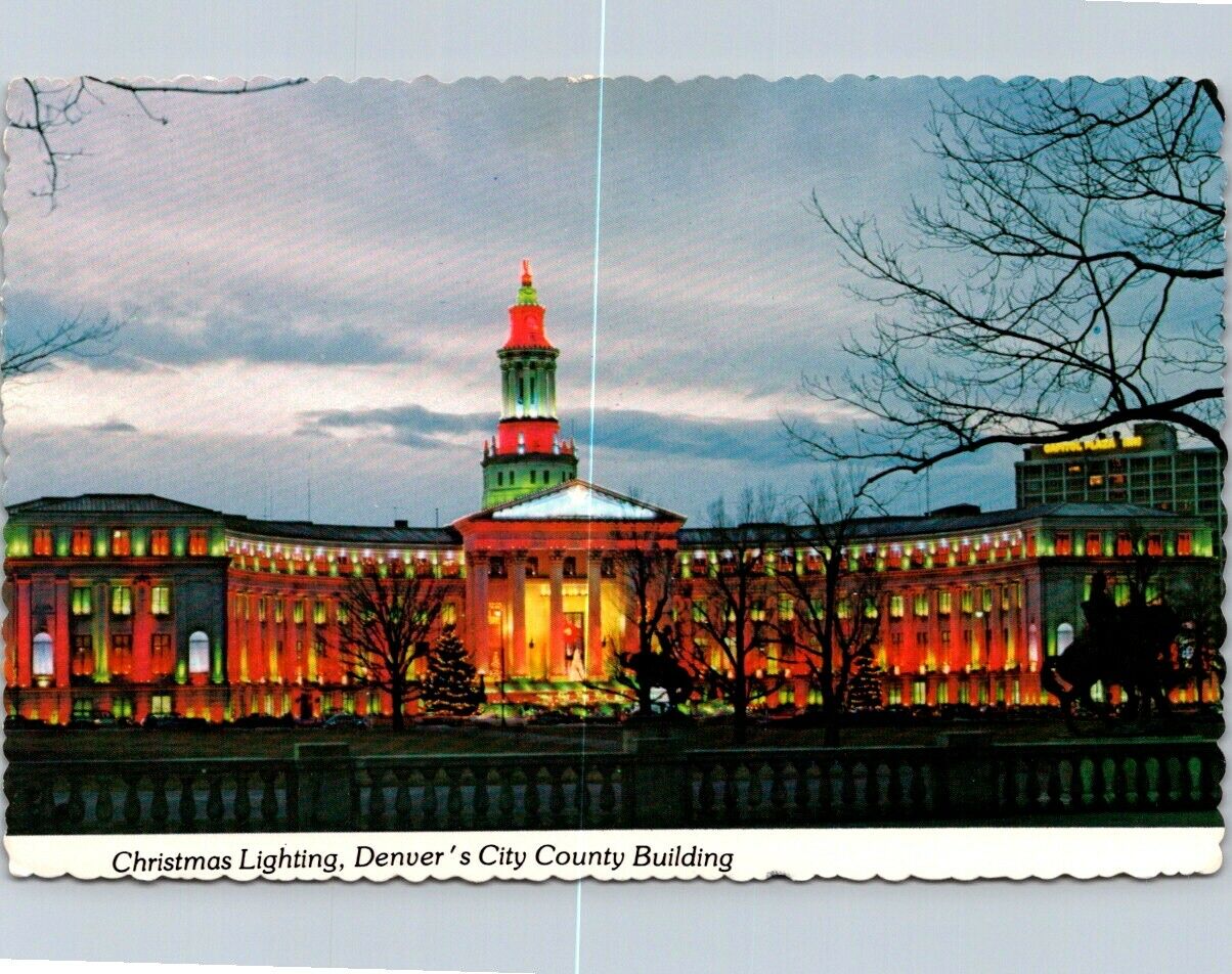 Postcard Christmas Lighting Denver's City County Building 13 Cents Posted 1977