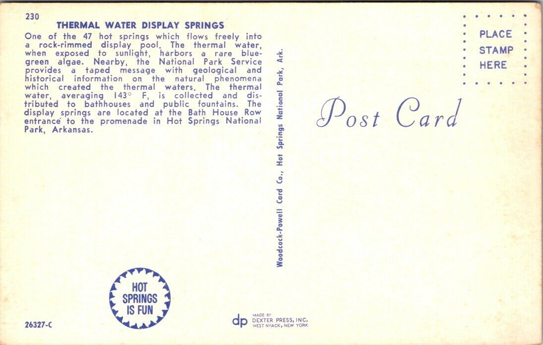 Vintage Postcard Thermal Water Display Springs Bath House Row National Park Ark