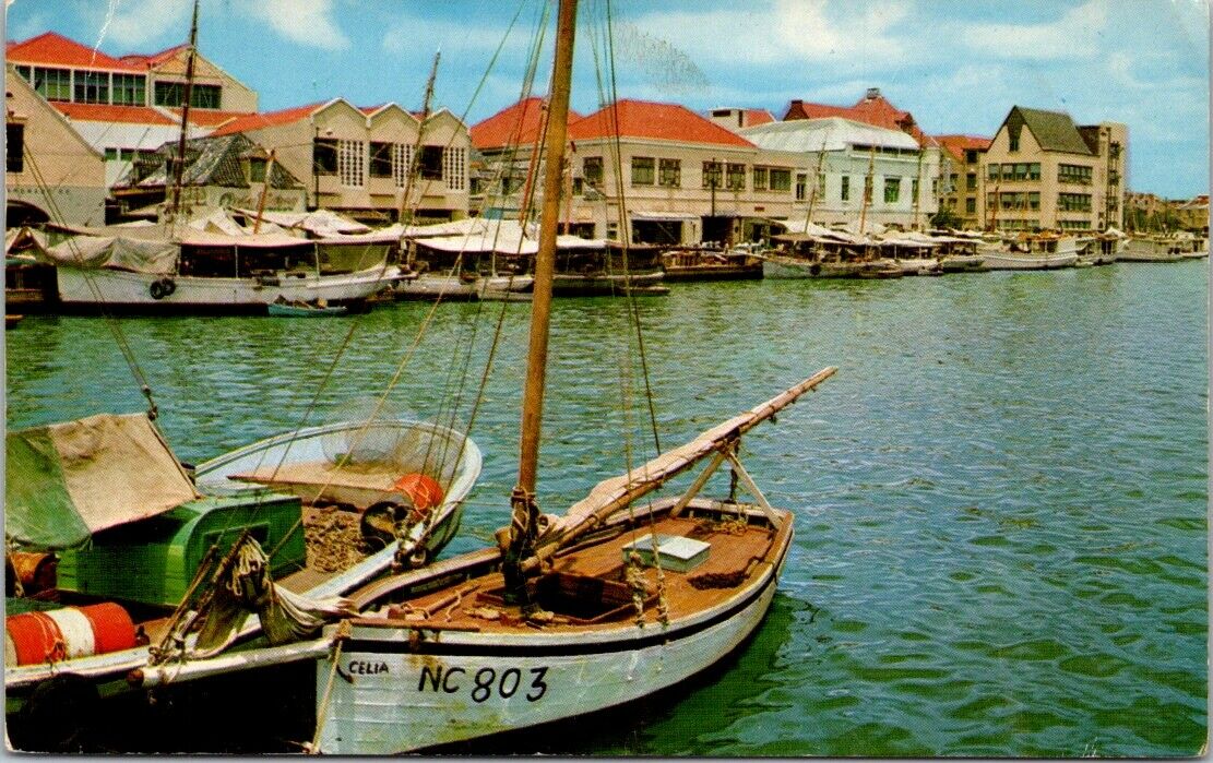 Vintage Postcard Waterfront Barks And Schooners Posted 1970 Aruba 15 Cents