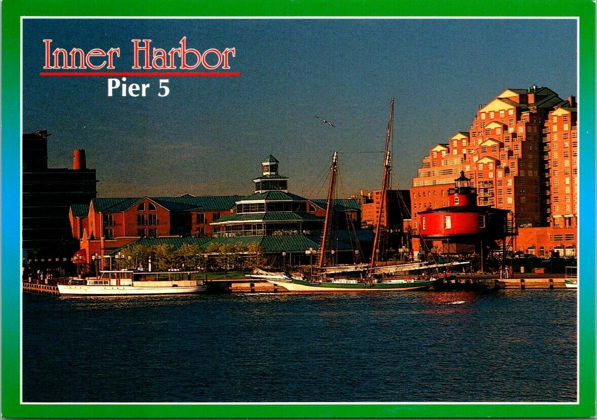 Postcard Inner Harbor Pier 5 Baltimore Lady Maryland Seven Knoll Lighthouse