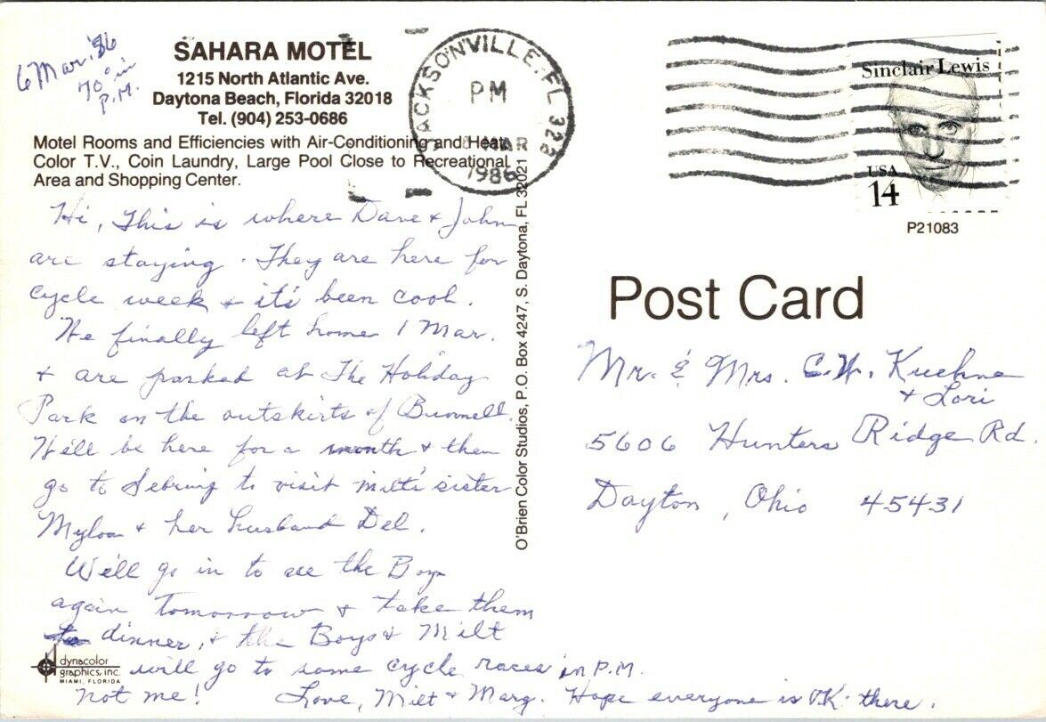 Vintage Postcard Sahara Motel North Atlantic Ave Daytona Beach Florida Posted