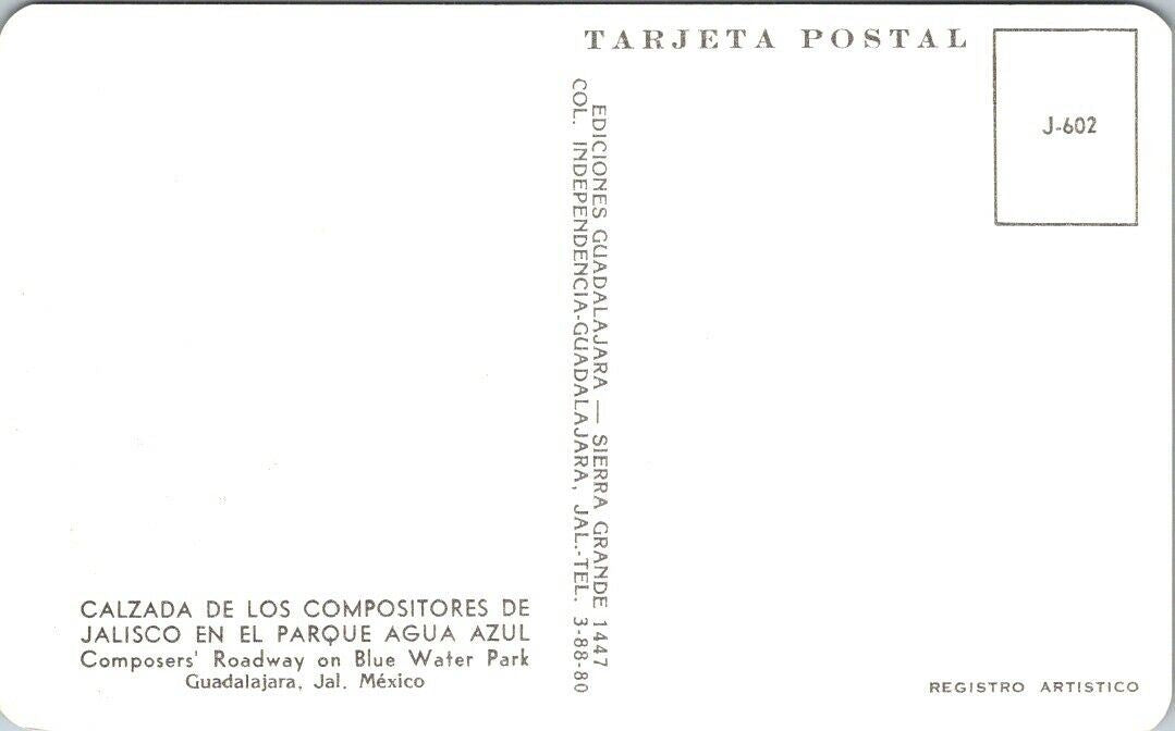 Vintage Postcard Composers Roadway Blue Water Park Guadalajara Jalisco Mexico