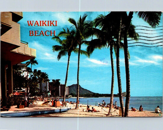 Vintage Postcard Waikiki Beach Honolulu Hawaii Sand Surf Palm Trees Posted