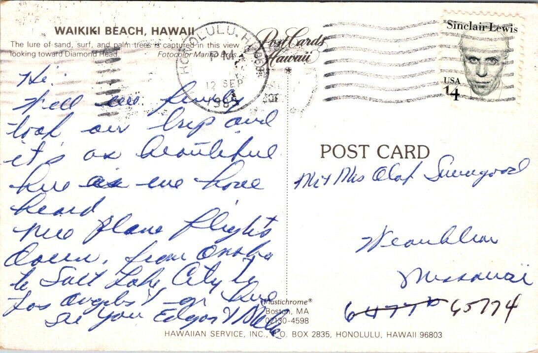 Vintage Postcard Waikiki Beach Honolulu Hawaii Sand Surf Palm Trees Posted