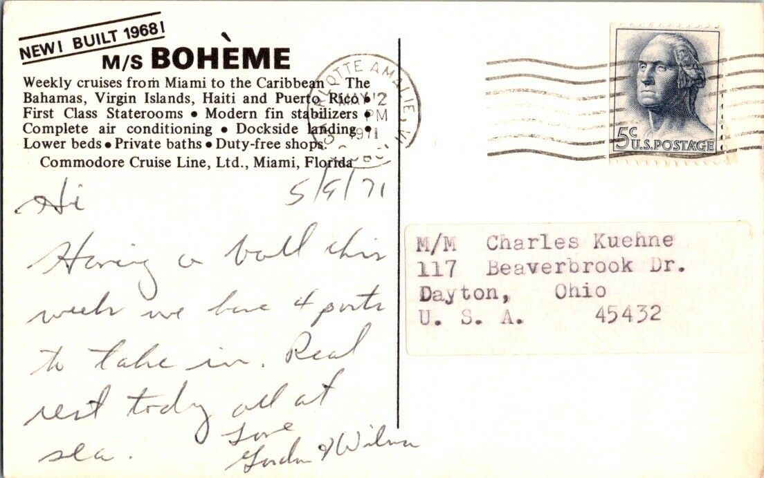 Vintage Postcard Boheme Luxury Cruise To The Carribean Florida Posted 1971