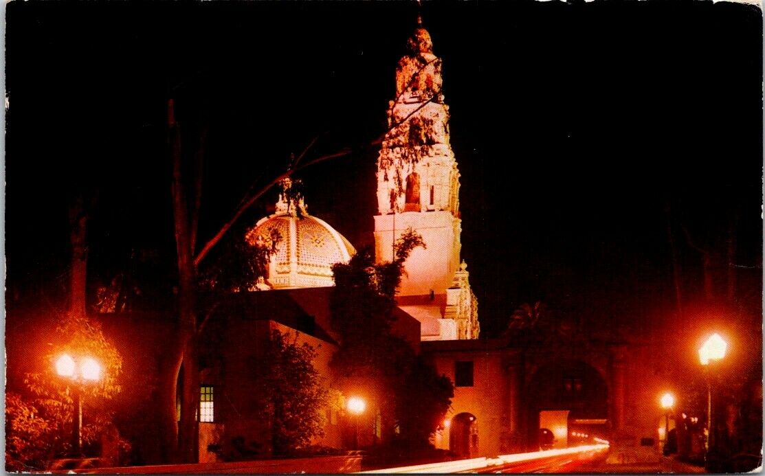 Postcard Vintage California Tower Balboa Park Night Scene Posted 1970 US 6 Cents