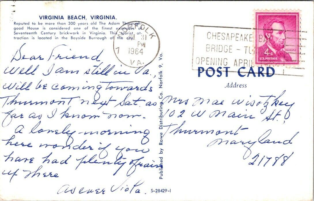 Postcard Vintage 17th Century Brickwork In Virginia Bayside Burrough Posted 1964