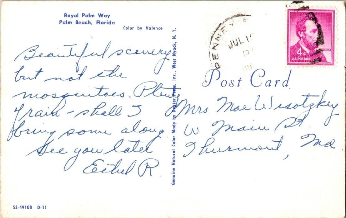 Vintage Postcard Royal Palm Way Palm Beach Florida US Postage 4 Cents