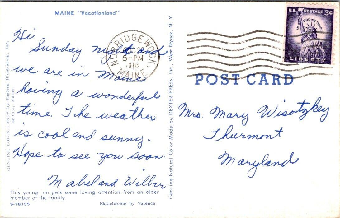 Vintage Postcard Maine Vacationland Un Family 1962 Posted US Postage 3 Cents