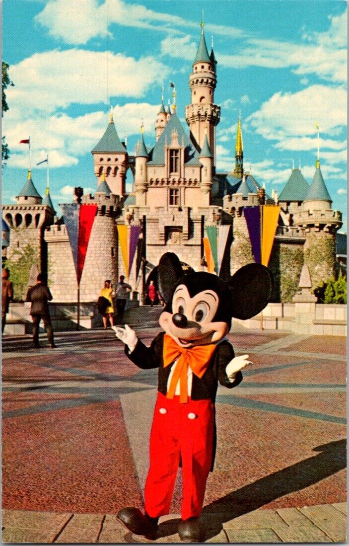 Vintage Postcard Mickey Mouse In Front Of Sleeping Beauty Castle California