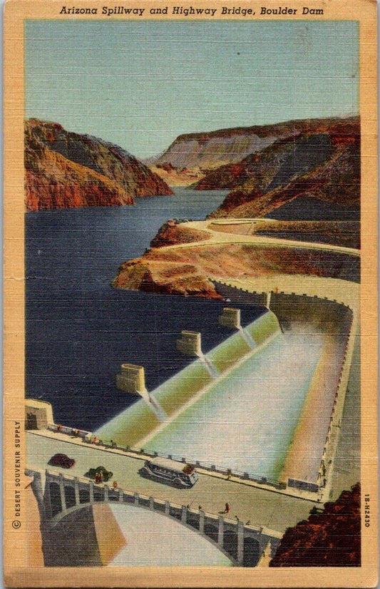 Vintage Postcard Arizona Spillway And Highway Bridge Boulder Dam Posted 1950