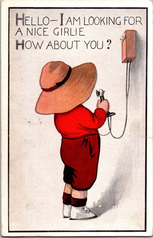 Vintage Postcard Young Boy On Telephone Looking For A Nice Girlie Posted 1913