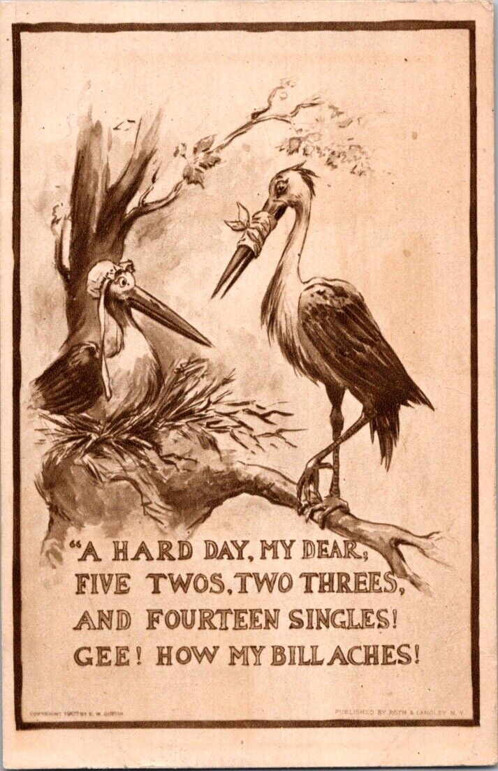 Vintage Postcard Husband And Wife Stork A Hard Day My Dear Posted 1910