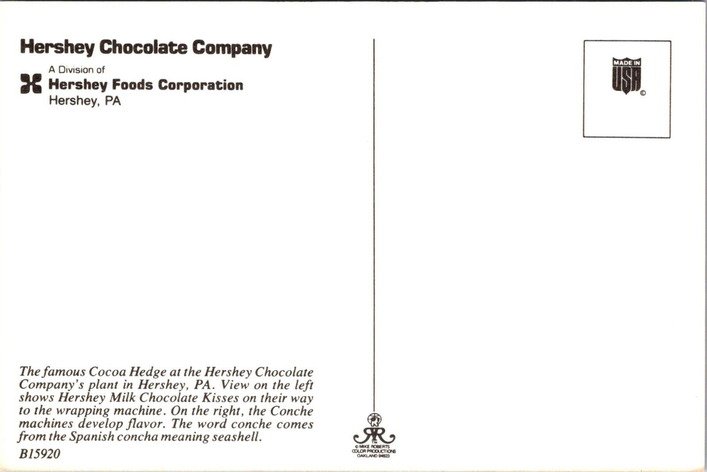 Postcard Post Card Hershey Cocoa Chocolate Company