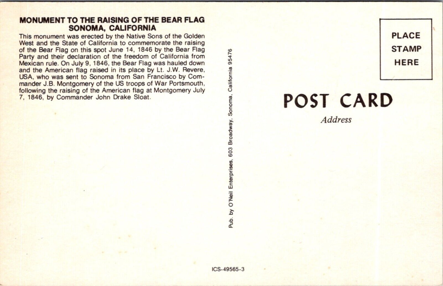 Postcard Post Card Bear Flag Monument Sonoma California