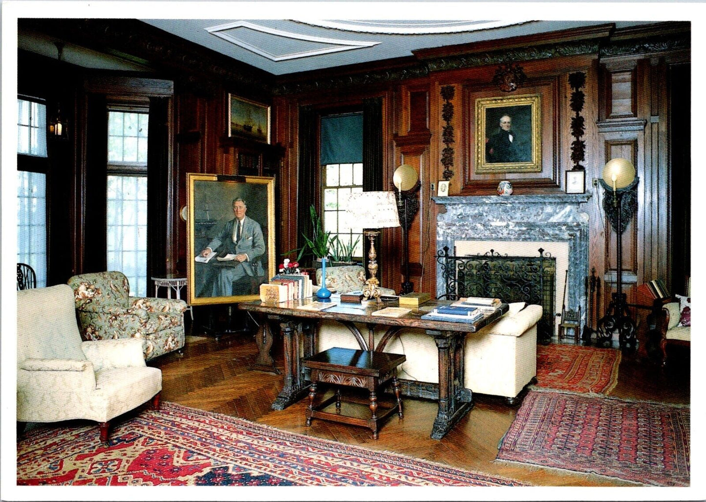 Postcard Post Card Home Of Franklin Roosevelt Living Room & Library