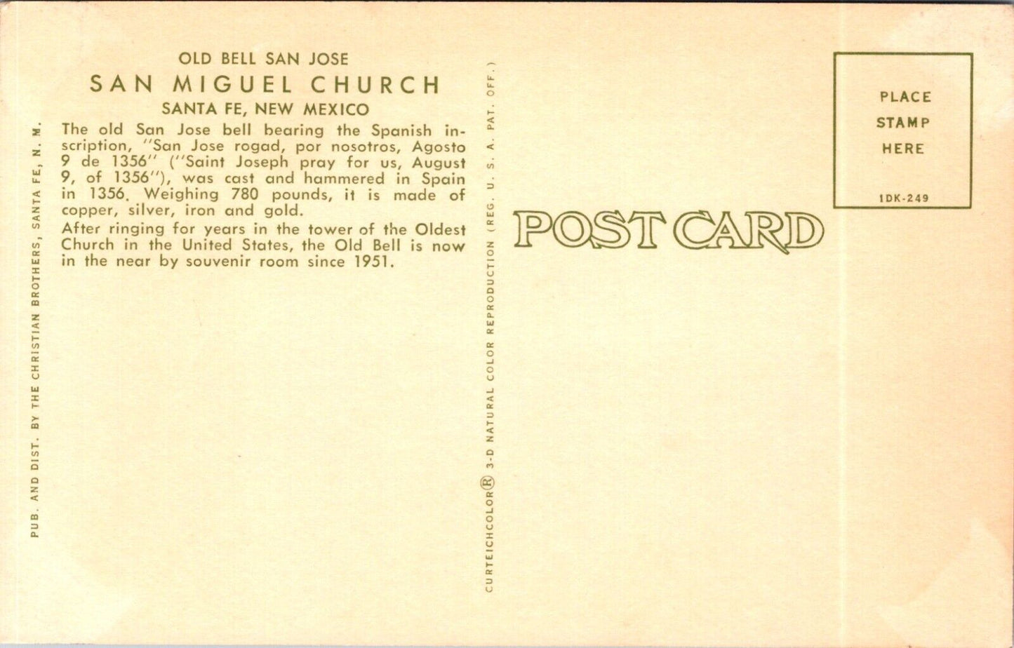 Postcard Post Card Old Bell San Jose New Mexico San Miguel Church